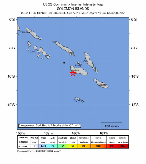 GEO Community Internet Intensity Map for the Solomon Islands 5.7m Earthquake, Saturday Nov. 26 2022, 12:46:51 AM