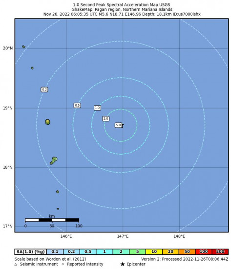 1 Second Peak Spectral Acceleration Map for the Pagan Region, Northern Mariana Islands 5.6m Earthquake, Saturday Nov. 26 2022, 4:05:35 PM