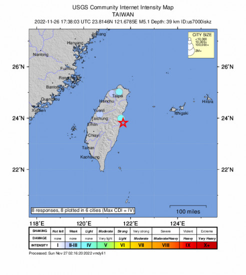 Community Internet Intensity Map for the Hualien City, Taiwan 5.1m Earthquake, Sunday Nov. 27 2022, 1:38:03 AM