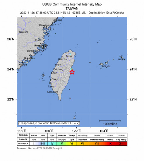GEO Community Internet Intensity Map for the Hualien City, Taiwan 5.1m Earthquake, Sunday Nov. 27 2022, 1:38:03 AM