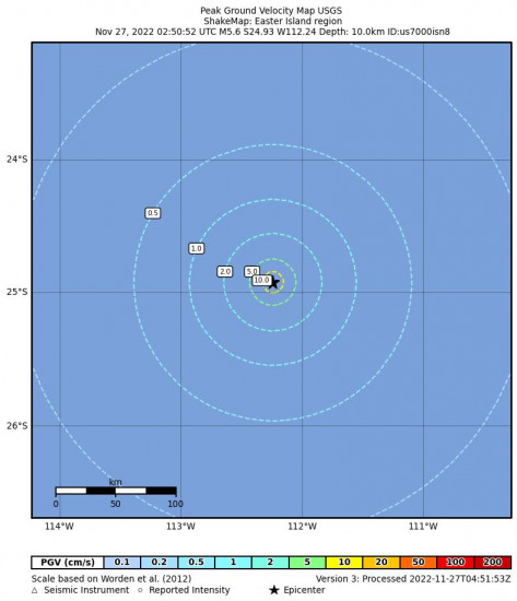 Peak Ground Velocity Map for the Easter Island Region 5.6m Earthquake, Saturday Nov. 26 2022, 9:50:52 PM