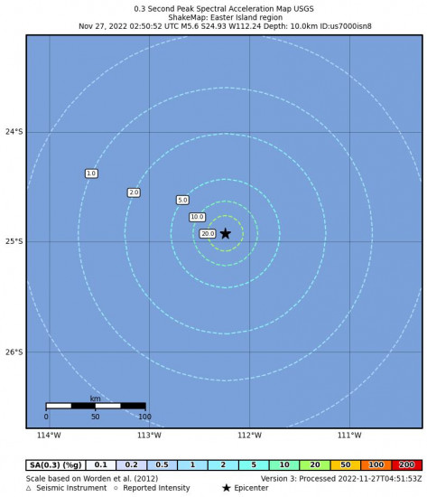 0.3 Second Peak Spectral Acceleration Map for the Easter Island Region 5.6m Earthquake, Saturday Nov. 26 2022, 9:50:52 PM