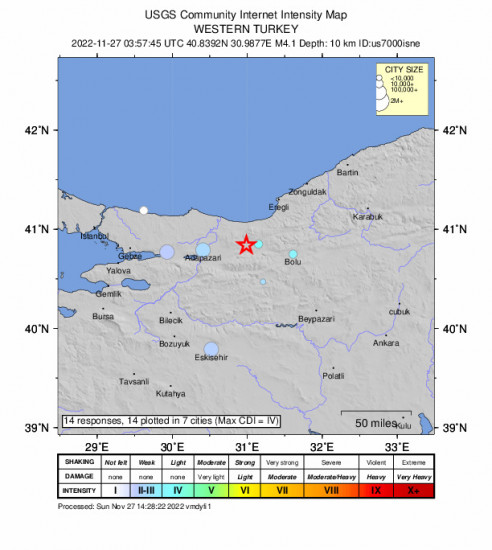 Community Internet Intensity Map for the Düzce, Turkey 4.1m Earthquake, Sunday Nov. 27 2022, 6:57:45 AM