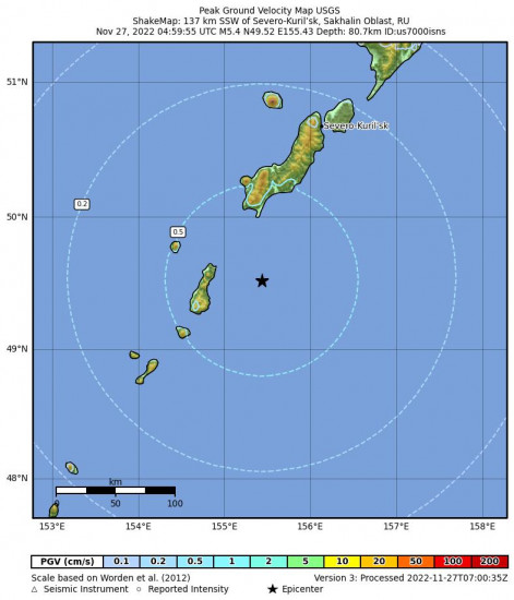 Peak Ground Velocity Map for the Severo-kuril’sk, Russia 5.4m Earthquake, Sunday Nov. 27 2022, 3:59:55 PM