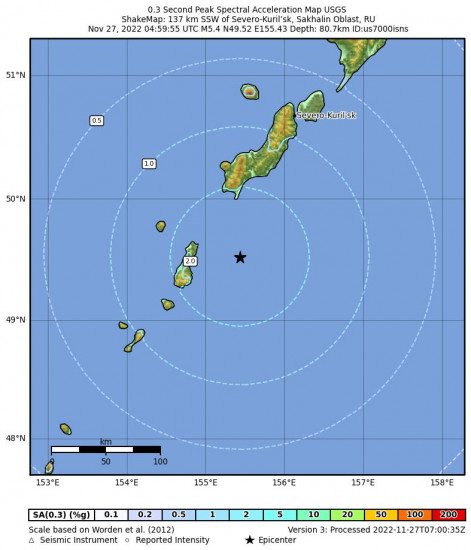 0.3 Second Peak Spectral Acceleration Map for the Severo-kuril’sk, Russia 5.4m Earthquake, Sunday Nov. 27 2022, 3:59:55 PM