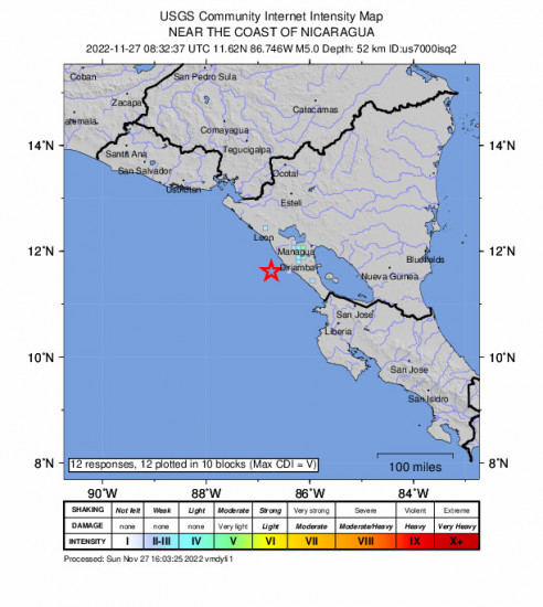 GEO Community Internet Intensity Map for the Masachapa, Nicaragua 5m Earthquake, Sunday Nov. 27 2022, 2:32:37 AM