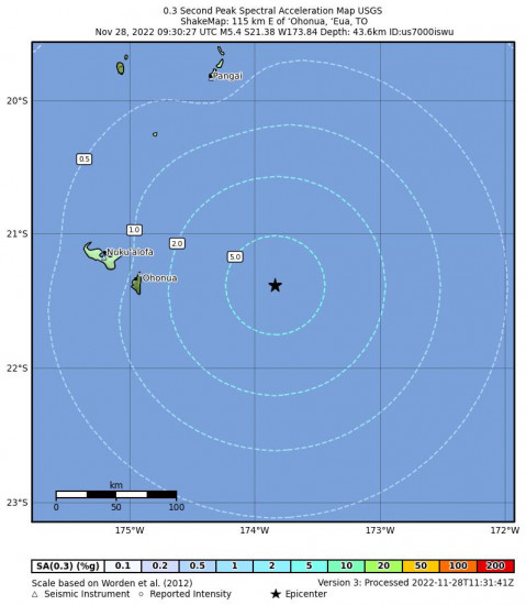 0.3 Second Peak Spectral Acceleration Map for the ‘ohonua, Tonga 5.4m Earthquake, Monday Nov. 28 2022, 10:30:27 PM