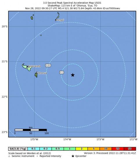 3 Second Peak Spectral Acceleration Map for the ‘ohonua, Tonga 5.4m Earthquake, Monday Nov. 28 2022, 10:30:27 PM