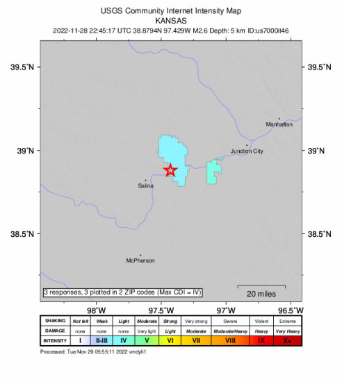 Community Internet Intensity Map for the New Cambria, Kansas 2.6m Earthquake, Monday Nov. 28 2022, 4:45:17 PM