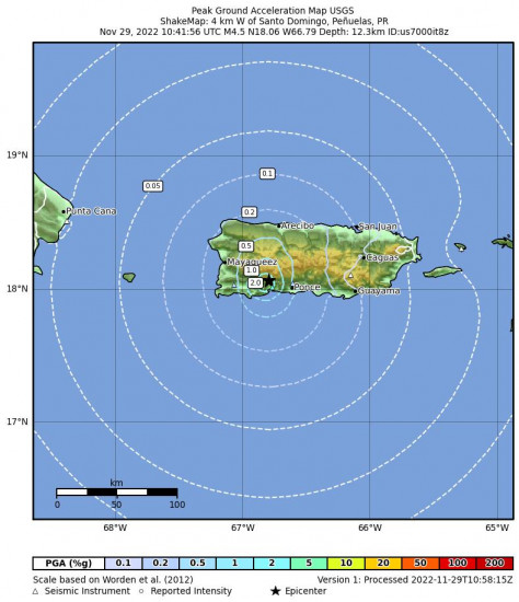 Peak Ground Acceleration Map for the Santo Domingo, Puerto Rico 4.5m Earthquake, Tuesday Nov. 29 2022, 6:41:56 AM