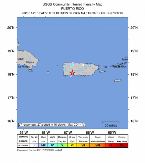 GEO Community Internet Intensity Map for the Santo Domingo, Puerto Rico 4.5m Earthquake, Tuesday Nov. 29 2022, 6:41:56 AM