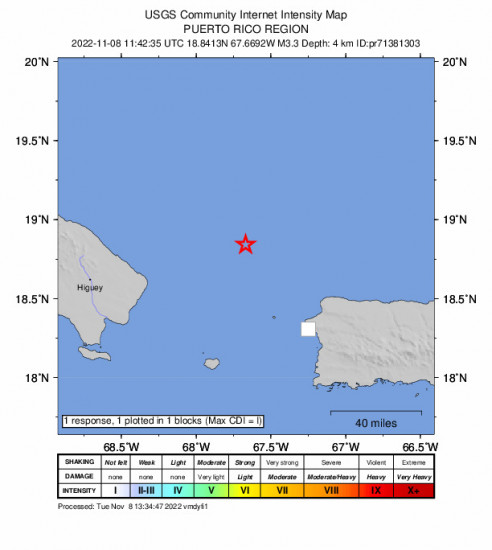 GEO Community Internet Intensity Map for the Rincón, Puerto Rico 3.29m Earthquake, Tuesday Nov. 08 2022, 7:42:35 AM