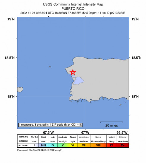 Community Internet Intensity Map for the Las Marias, Puerto Rico 2.49m Earthquake, Wednesday Nov. 23 2022, 10:53:01 PM
