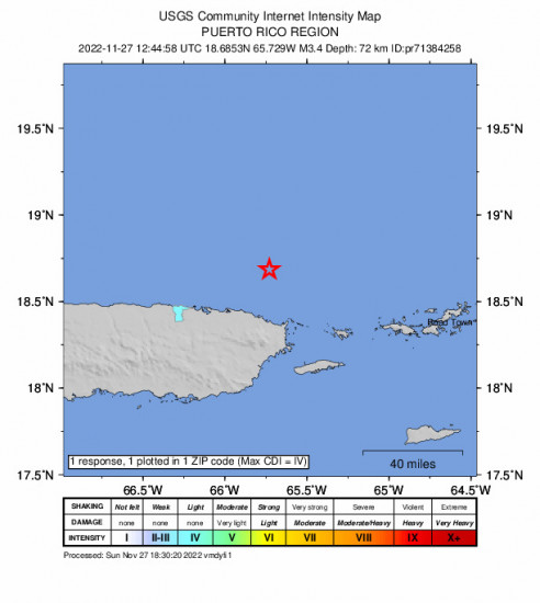 Community Internet Intensity Map for the Vieques, Puerto Rico 3.43m Earthquake, Sunday Nov. 27 2022, 8:44:58 AM