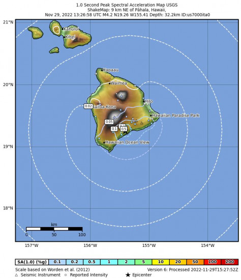 1 Second Peak Spectral Acceleration Map for the Pāhala, Hawaii 4m Earthquake, Tuesday Nov. 29 2022, 3:26:59 AM