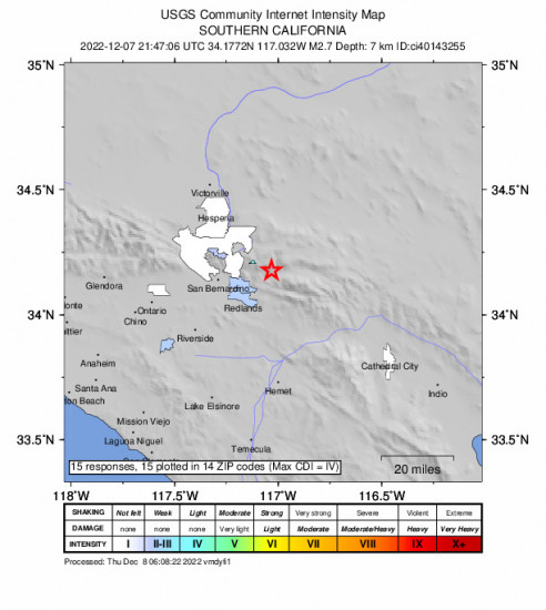 Community Internet Intensity Map for the Running Springs, Ca 2.71m Earthquake, Wednesday Dec. 07 2022, 1:47:06 PM