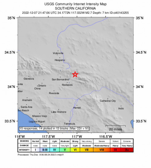 GEO Community Internet Intensity Map for the Running Springs, Ca 2.71m Earthquake, Wednesday Dec. 07 2022, 1:47:06 PM