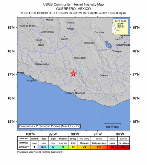 Community Internet Intensity Map for the Guerrero-oaxaca Border Region, Mexico 4.1m Earthquake, Wednesday Nov. 30 2022, 4:49:49 AM