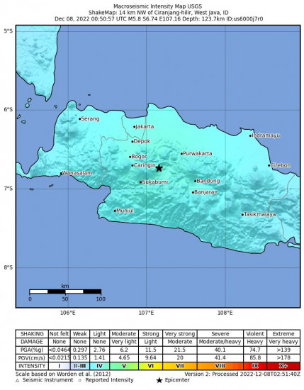 Macroseismic Intensity Map for the Ciranjang-hilir, Indonesia 5.8m Earthquake, Thursday Dec. 08 2022, 7:50:57 AM