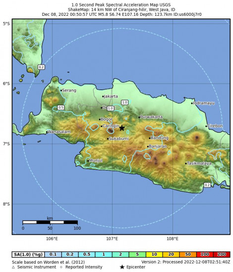 1 Second Peak Spectral Acceleration Map for the Ciranjang-hilir, Indonesia 5.8m Earthquake, Thursday Dec. 08 2022, 7:50:57 AM