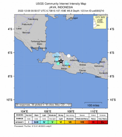 Community Internet Intensity Map for the Ciranjang-hilir, Indonesia 5.8m Earthquake, Thursday Dec. 08 2022, 7:50:57 AM