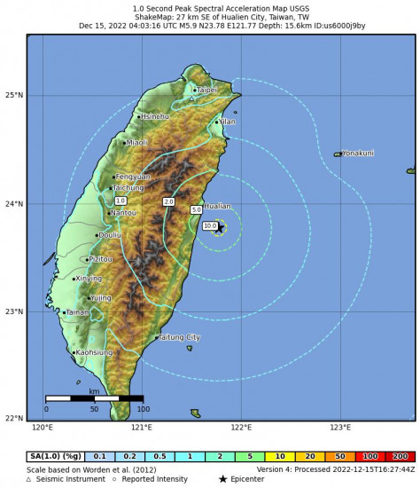 1 Second Peak Spectral Acceleration Map for the Hualien City, Taiwan 5.9m Earthquake, Thursday Dec. 15 2022, 12:03:16 PM