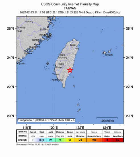 GEO Community Internet Intensity Map for the Yujing, Taiwan 4.8m Earthquake, Saturday Dec. 24 2022, 5:17:59 AM