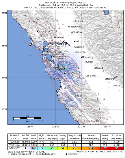 Macroseismic Intensity Map for the Alum Rock, Ca 3.59m Earthquake, Monday Dec. 05 2022, 3:13:16 PM