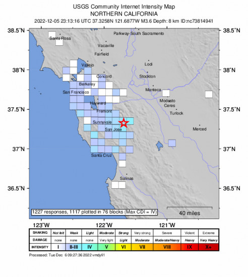 GEO Community Internet Intensity Map for the Alum Rock, Ca 3.59m Earthquake, Monday Dec. 05 2022, 3:13:16 PM