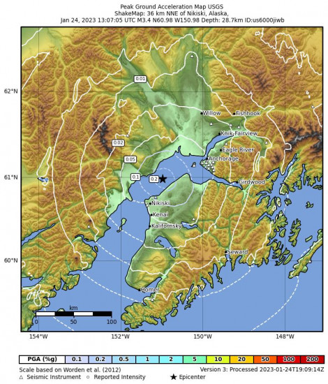 Peak Ground Acceleration Map for the Tyonek, Alaska 3.3 M Earthquake, Tuesday Jan. 24 2023, 4:07:04 AM