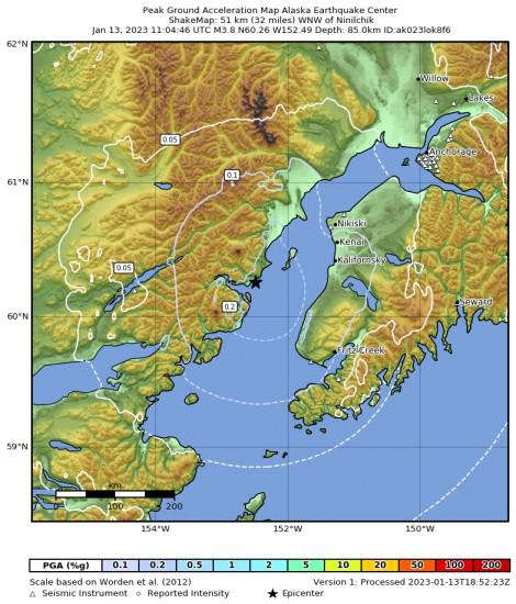 Peak Ground Acceleration Map for the Ninilchik, Alaska 3.8 M Earthquake, Friday Jan. 13 2023, 2:04:46 AM