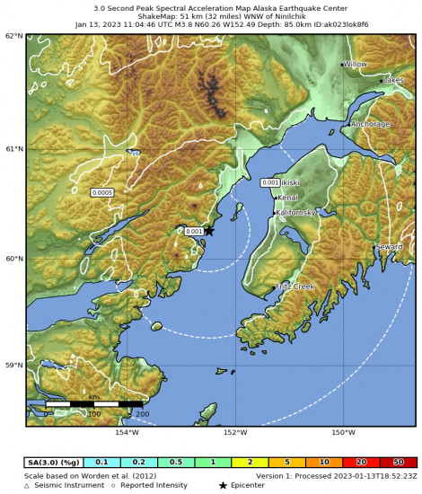 3 Second Peak Spectral Acceleration Map for the Ninilchik, Alaska 3.8 M Earthquake, Friday Jan. 13 2023, 2:04:46 AM