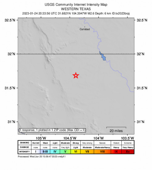 Community Internet Intensity Map for the Whites City, New Mexico 2.6 M Earthquake, Tuesday Jan. 24 2023, 2:33:56 PM