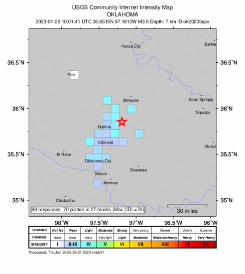GEO Community Internet Intensity Map for the Meridian, Oklahoma 3.5 M Earthquake, Wednesday Jan. 25 2023, 4:01:41 AM