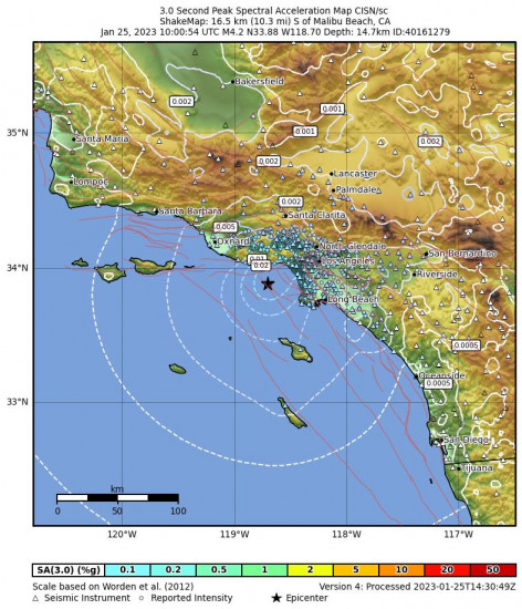 3 Second Peak Spectral Acceleration Map for the Malibu Beach, Ca 4.2 M Earthquake, Wednesday Jan. 25 2023, 2:00:54 AM