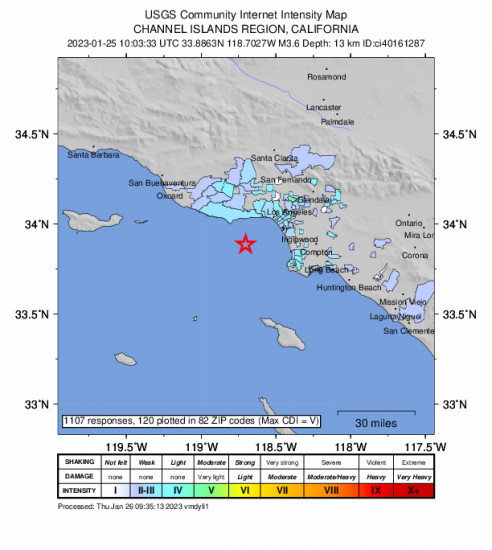 Community Internet Intensity Map for the Malibu Beach, Ca 3.6 M Earthquake, Wednesday Jan. 25 2023, 2:03:33 AM