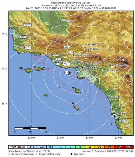 Peak Ground Velocity Map for the Malibu Beach, Ca 3.6 M Earthquake, Wednesday Jan. 25 2023, 2:03:33 AM