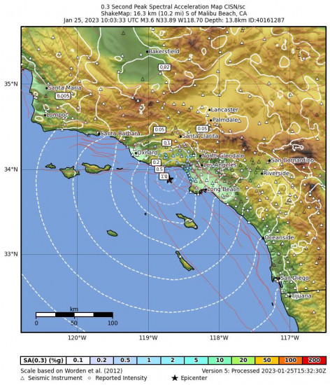 0.3 Second Peak Spectral Acceleration Map for the Malibu Beach, Ca 3.6 M Earthquake, Wednesday Jan. 25 2023, 2:03:33 AM