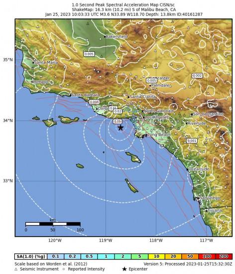 1 Second Peak Spectral Acceleration Map for the Malibu Beach, Ca 3.6 M Earthquake, Wednesday Jan. 25 2023, 2:03:33 AM
