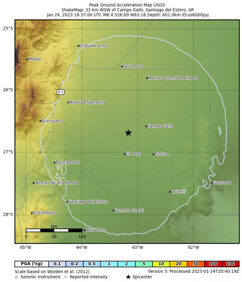 Peak Ground Acceleration Map for the Campo Gallo, Argentina 6.4 M Earthquake, Tuesday Jan. 24 2023, 3:37:00 PM