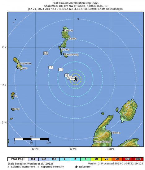 Peak Ground Acceleration Map for the Tobelo, Indonesia 5.5 M Earthquake, Wednesday Jan. 25 2023, 4:17:53 AM