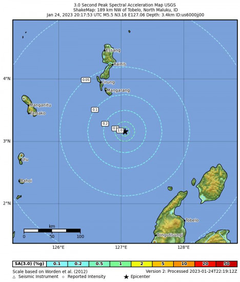 3 Second Peak Spectral Acceleration Map for the Tobelo, Indonesia 5.5 M Earthquake, Wednesday Jan. 25 2023, 4:17:53 AM