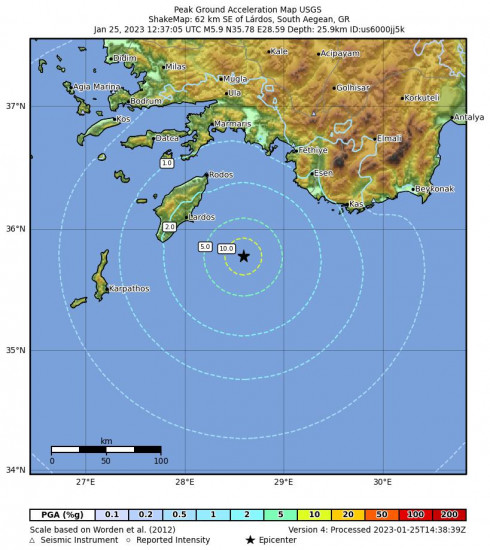 Peak Ground Acceleration Map for the Lárdos, Greece 5.9 M Earthquake, Wednesday Jan. 25 2023, 2:37:05 PM