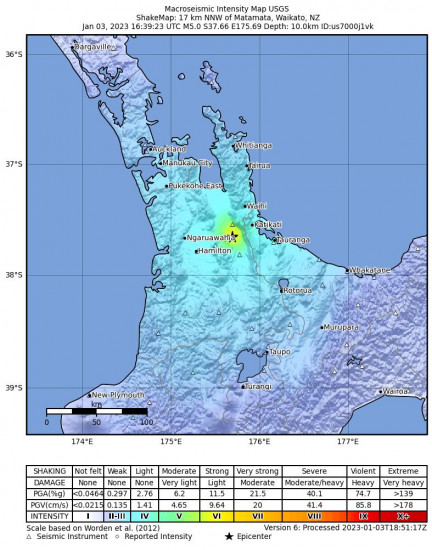 Macroseismic Intensity Map for the New Zealand 5m Earthquake, Wednesday Jan. 04 2023, 5:39:23 AM