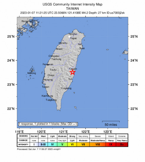 GEO Community Internet Intensity Map for the Hualien City, Taiwan 4.2 M Earthquake, Saturday Jan. 07 2023, 7:21:25 PM