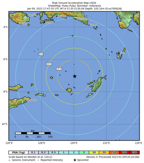 Peak Ground Acceleration Map for the Pulau Pulau Tanimbar, Indonesia 7.6 M Earthquake, Tuesday Jan. 10 2023, 2:47:35 AM