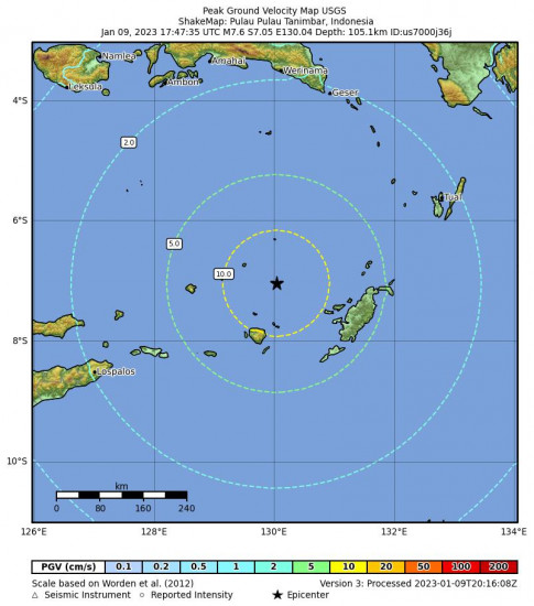 Peak Ground Velocity Map for the Pulau Pulau Tanimbar, Indonesia 7.6 M Earthquake, Tuesday Jan. 10 2023, 2:47:35 AM