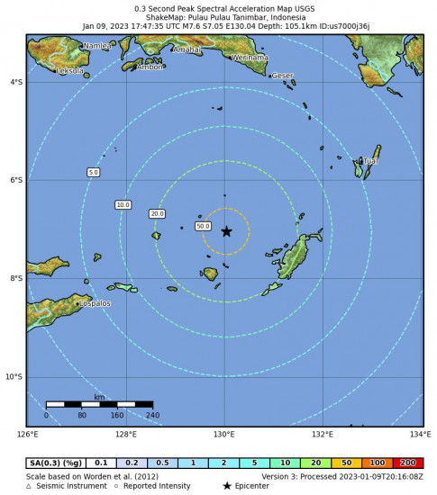 0.3 Second Peak Spectral Acceleration Map for the Pulau Pulau Tanimbar, Indonesia 7.6 M Earthquake, Tuesday Jan. 10 2023, 2:47:35 AM