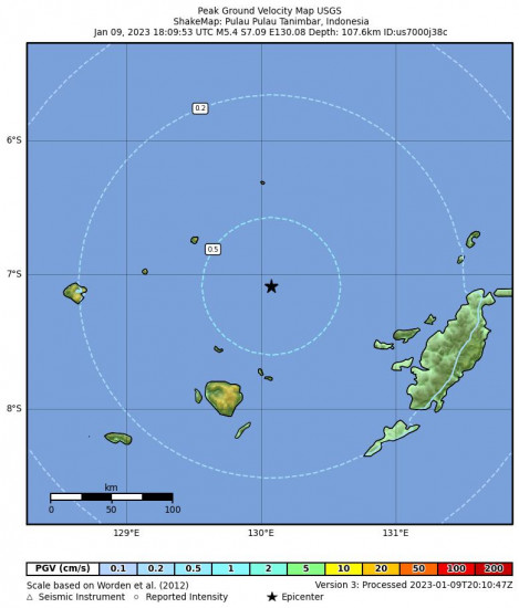 Peak Ground Velocity Map for the Kepulauan Tanimbar, Indonesia 5.4 M Earthquake, Tuesday Jan. 10 2023, 3:09:53 AM
