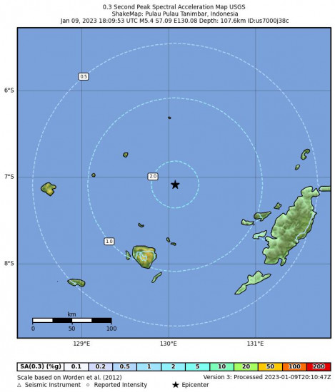 0.3 Second Peak Spectral Acceleration Map for the Kepulauan Tanimbar, Indonesia 5.4 M Earthquake, Tuesday Jan. 10 2023, 3:09:53 AM